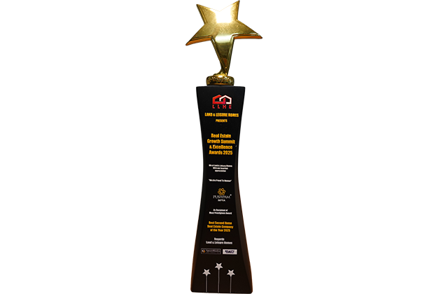 Best Second Home Real Estate Company of the Year 2025 trophy, Real Estate Growth Summit & Excellence Awards by Land & Leisure Homes, awarded to Pushpam Infra